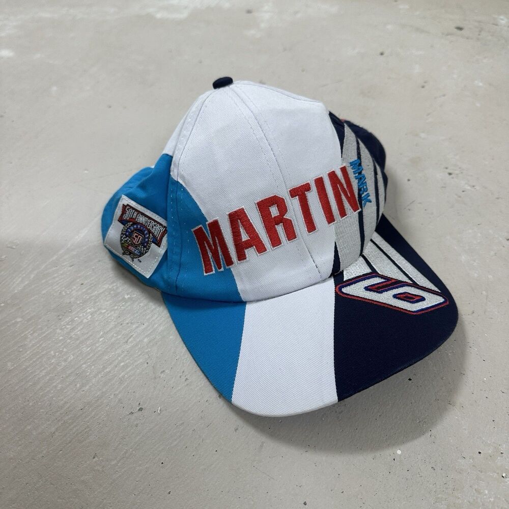 Mark Martin Hat Cap Snap Back Spell Out Adjustable White Blue NASCAR 50th Anniv